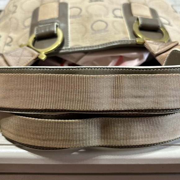 Salvatore Ferragamo Gancini Logo Leather Trim Khaki Tote Handbag,EUC, - Picture 9 of 12